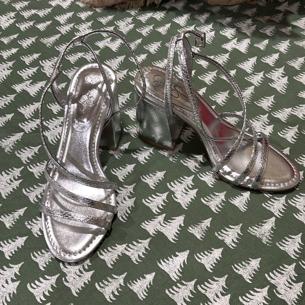 Silver sandals block heel 3-1/2 “. Brand new, never worn.